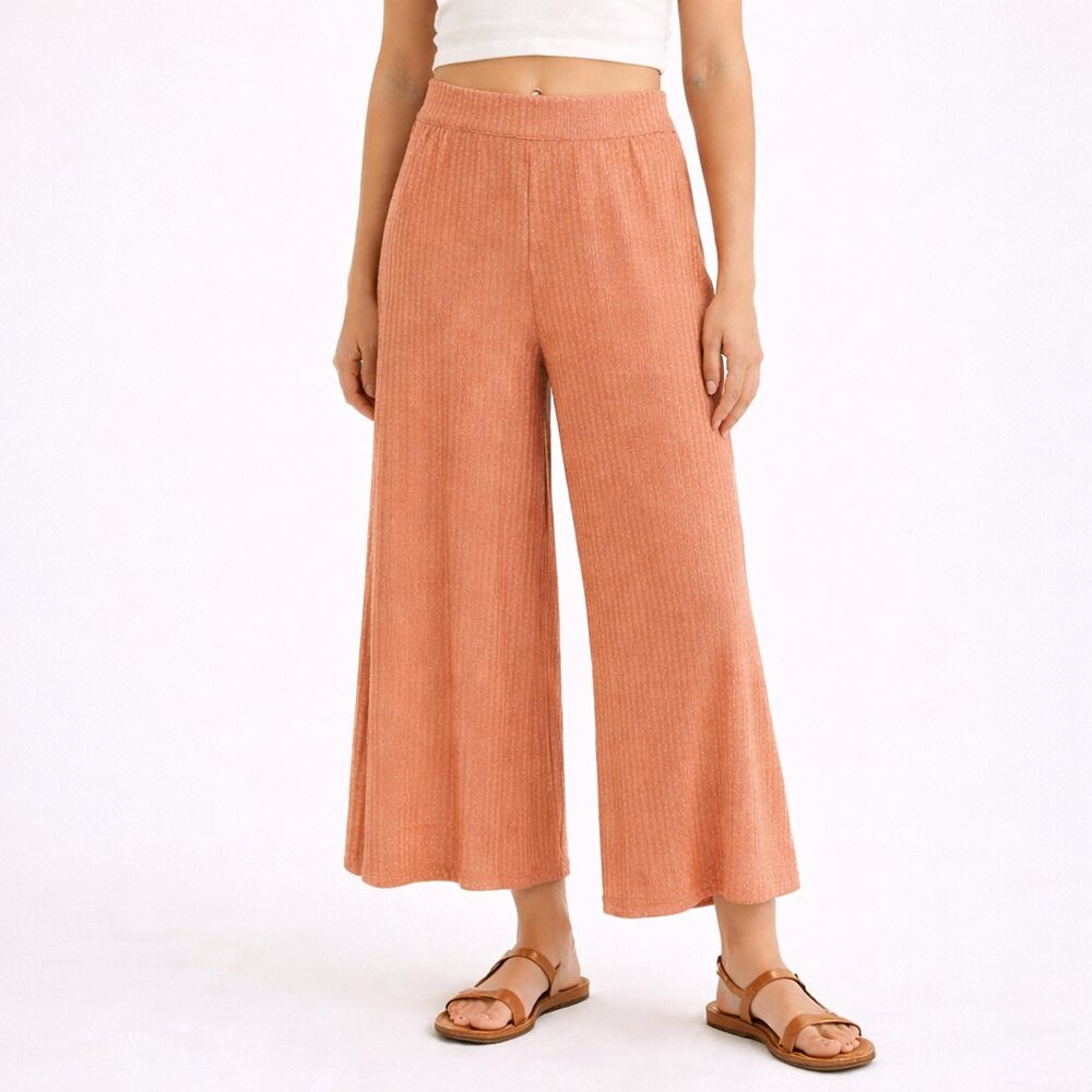 FARM Rio Ribbed Lurex Knit Wide Leg Pants | Metallic Coral S